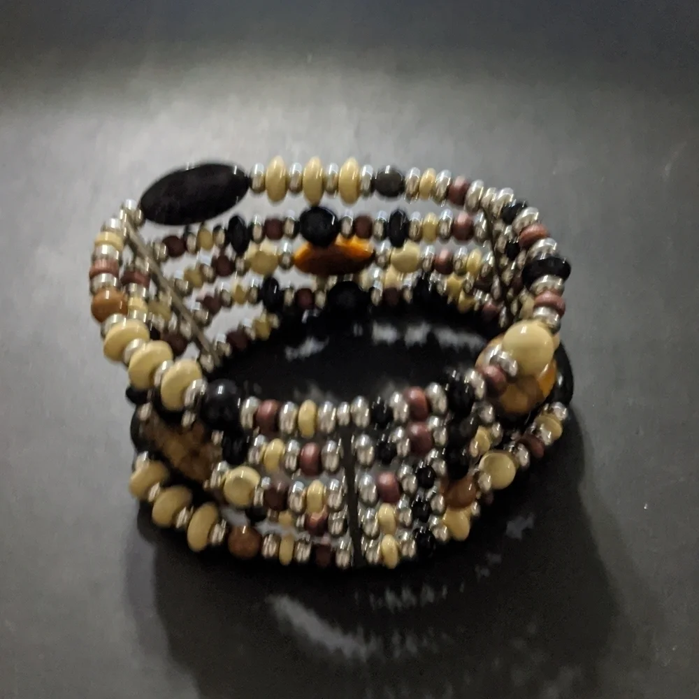 𝅺Silver Tone Black Brown Tan Tigerseye Beaded Multi Strand Statement Bracelet